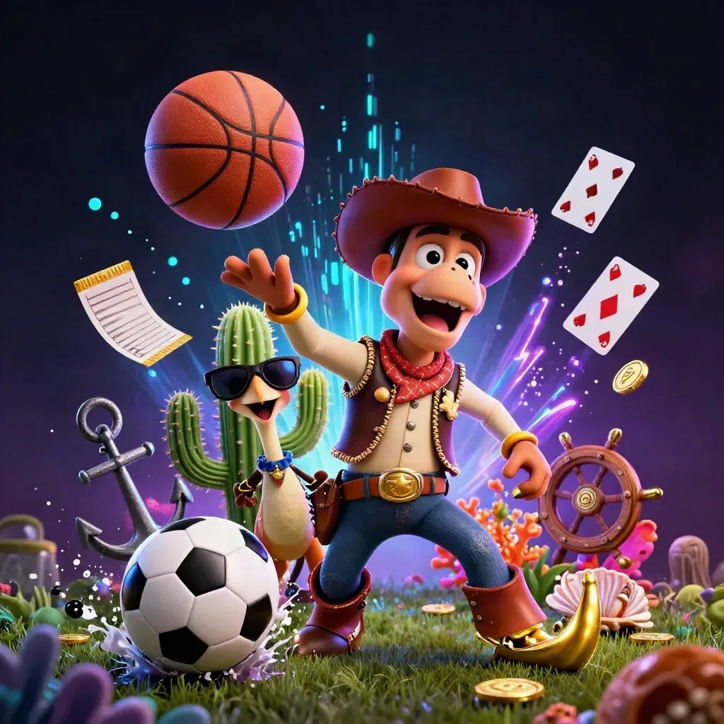 T-Rex koboi, kaktus, dan roadrunner di adegan kasino neon dengan bola basket dan koin emas.