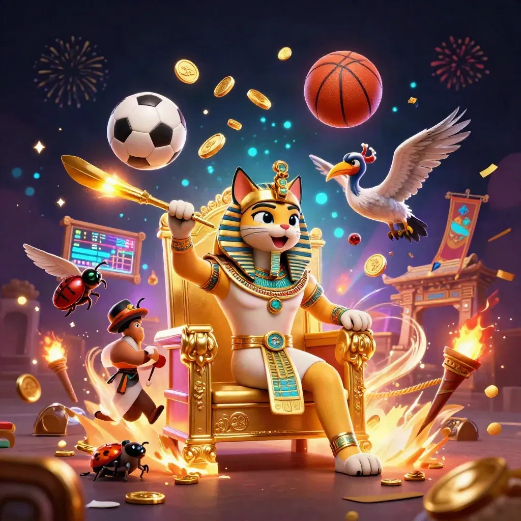 Kucing firaun, ibis, dan kumbang scarab di tengah ledakan bola dan koin kasino neon