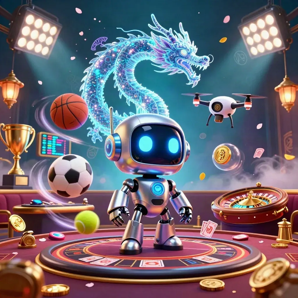 Robot cyberpunk, naga hologram, dan drone di kasino neon dengan bola olahraga dan koin emas.