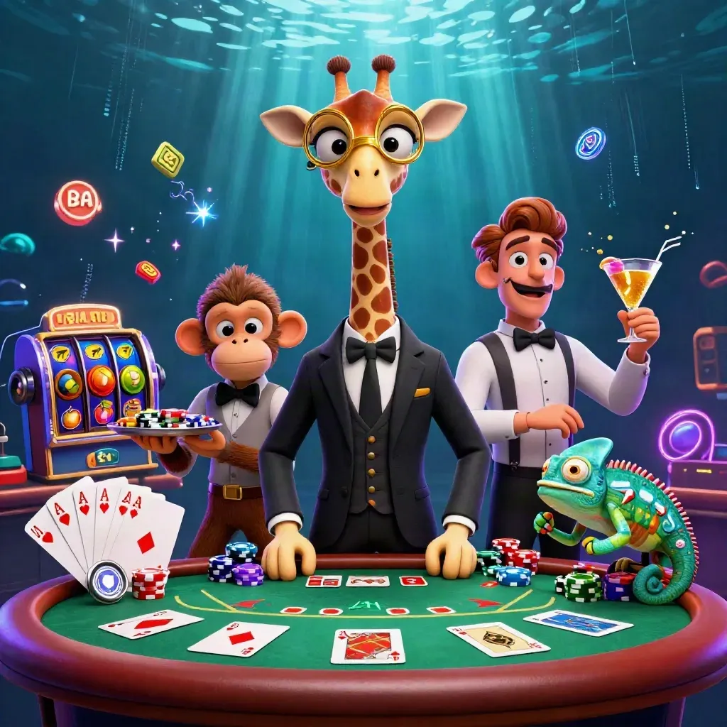 Jerapah VIP, monyet valet, dan bunglon bartender di meja poker neon ungu meledak di bawah laut.
