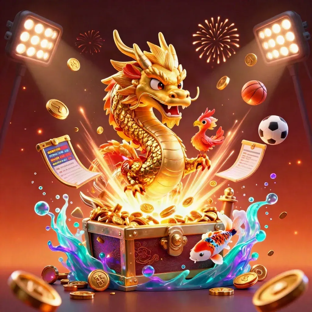 Naga emas, burung phoenix, koi, koin meledak, bola olahraga, dan peti harta dalam nuansa kasino mewah.