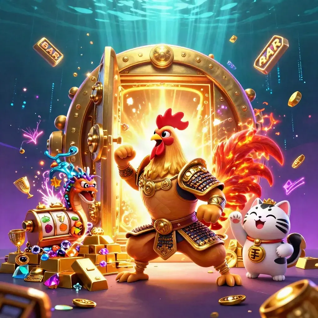 Ayam samurai emas, naga kecil, dan kucing hoki di depan brankas emas