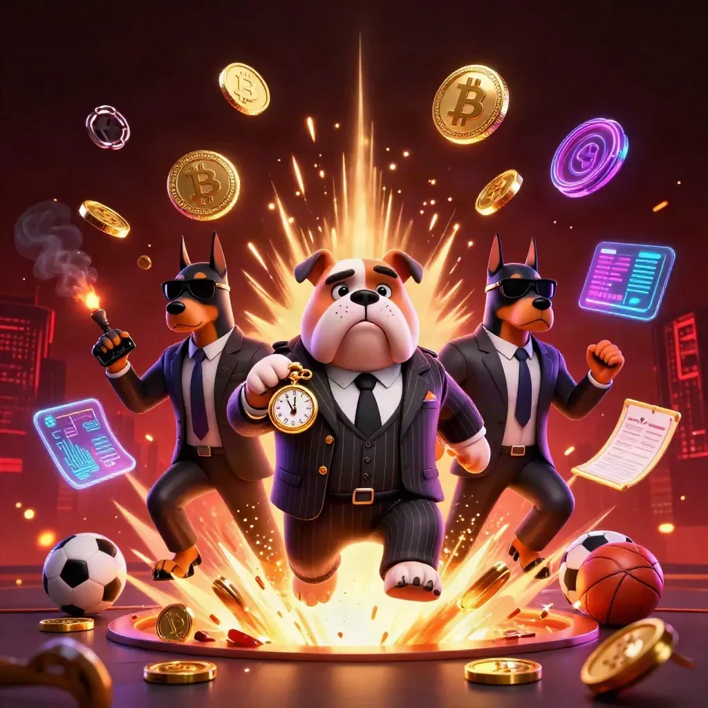 Bulldog bos mafia dan dua Doberman dikelilingi koin emas, api, dan kilau kasino neon.