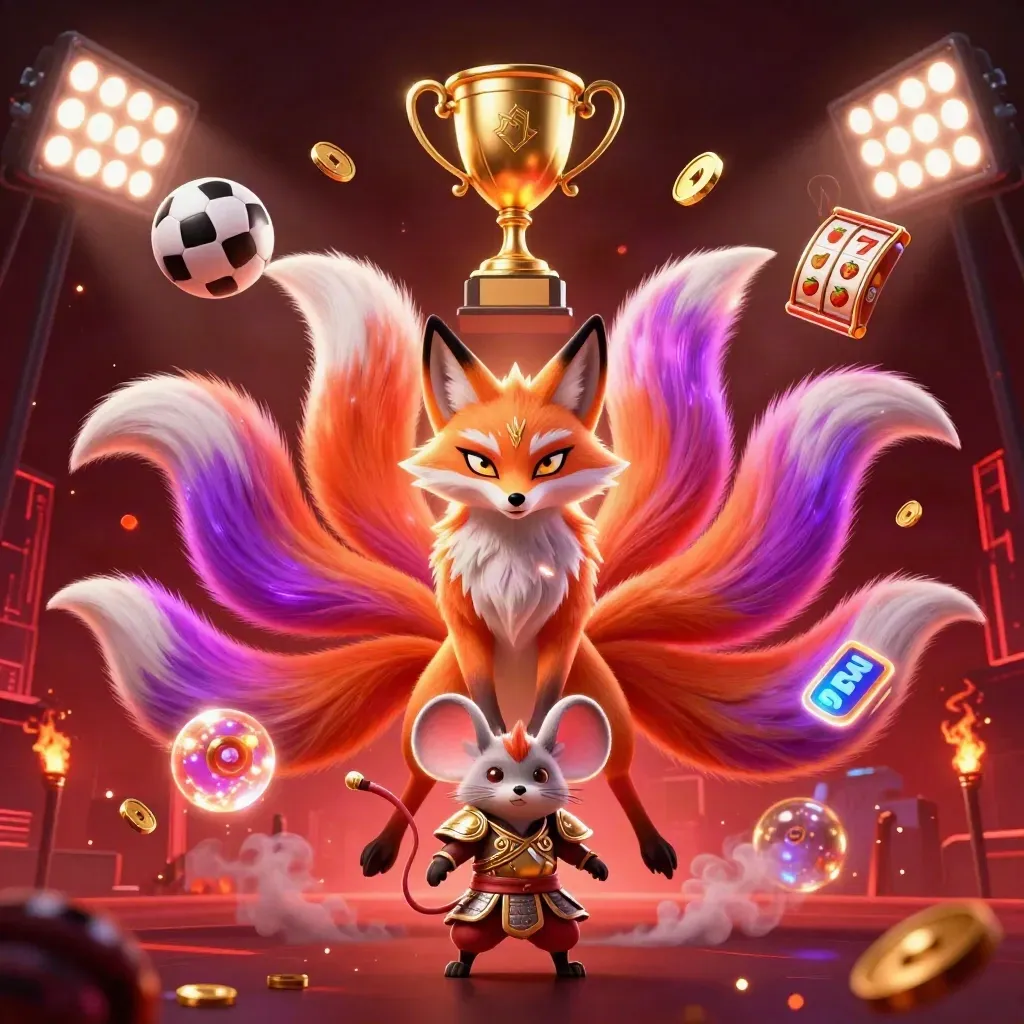 Rubah roh sembilan ekor dengan samurai tikus emas, bola olahraga, koin, dan efek neon kasino.