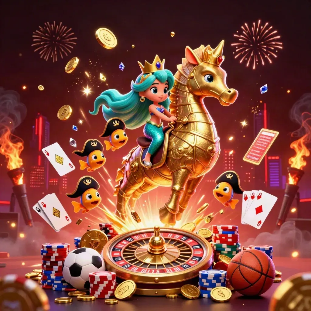 Putri duyung kartun di seahorse emas dikelilingi koin, kartu, dan efek neon kasino.
