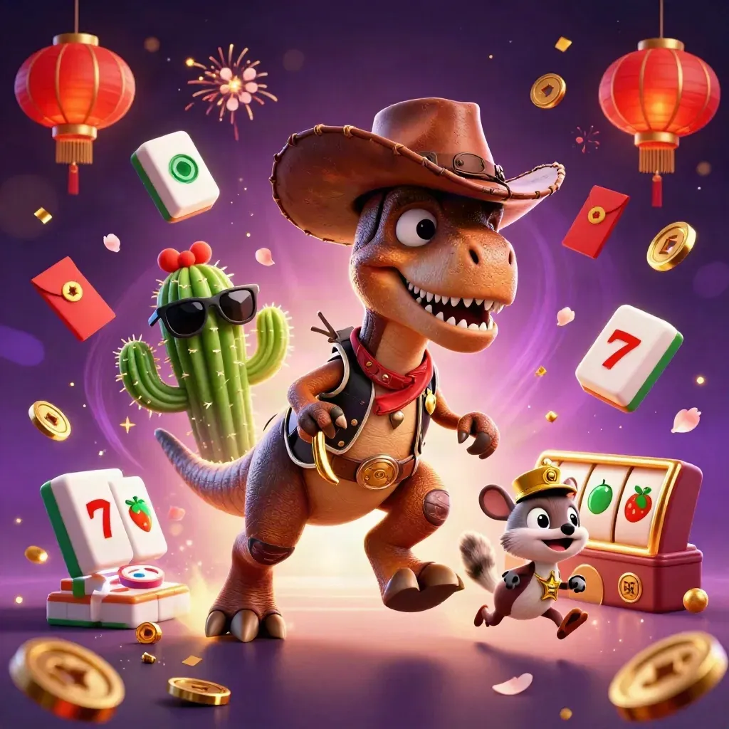 T-Rex koboi, kaktus, dan roadrunner di tengah ledakan simbol kasino neon emas-ungu.